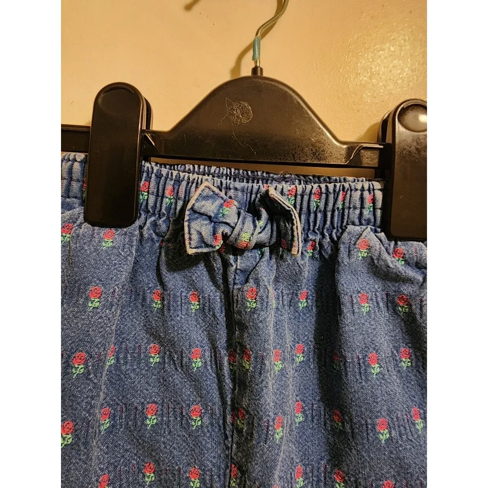 Vintage OshKosh Bgosh Floral Embroidered Denim Pants Blue Rose Elastic Waist